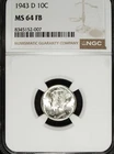 1943 D NGC MS 64 FB Mercury Silver Dime ☆☆ Great For Sets ☆☆ 007