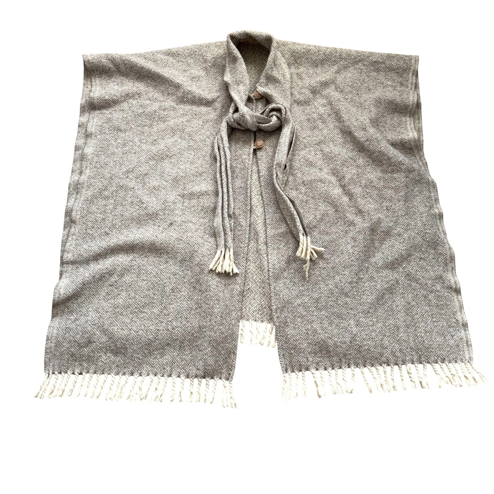 Fringe Hem 2 Button Poncho Sweater Women's white gray Winter Cozycore Wool