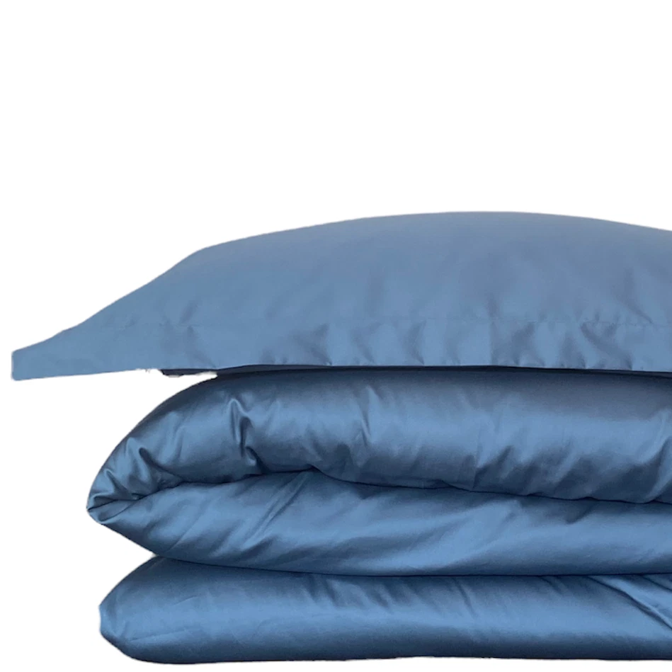 Juego de funda nórdica suave 3 piezas azul índigo algodón egipcio satén individual doble king Foto 2 de 4