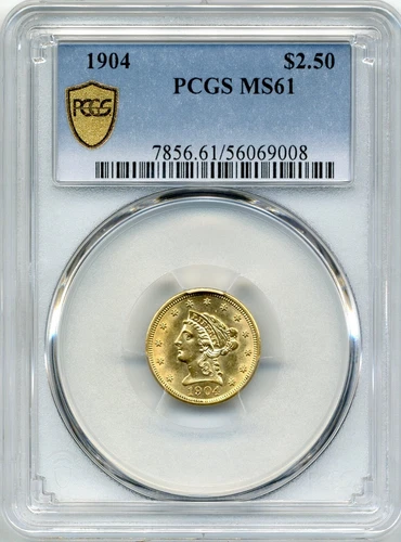 1904 US Liberty Head $2.50 Quarter Eagle Gold Coin - Uncirculated, PCGS MS 61