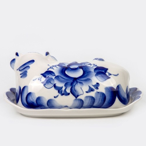 Gzhel Cow Butter Dish 7.5x4.3x3.3'' Butter Keeper Porcelain Dish with Lid - Picture 6 of 8