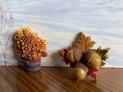 HALLMARK Pin Brooch Vintage LOT 2 Fall Leaves Harvest Flowers Acorn Lapel Coat