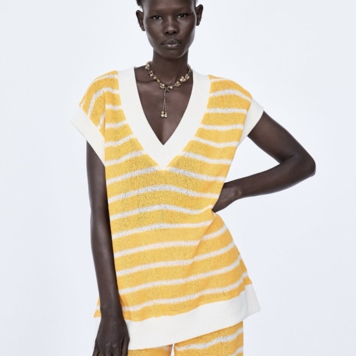 Zara Women's Small Yellow Beige Multi Striped Knit Rustic