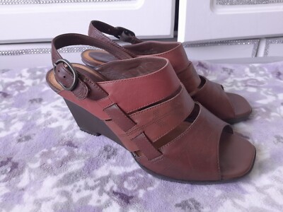 Clarks Brown Leather Wedge Sandals UK wide fit UK