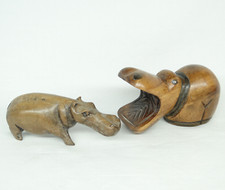 2 Vintage wooden yawning hippo and other hand carved hippos collectable figures