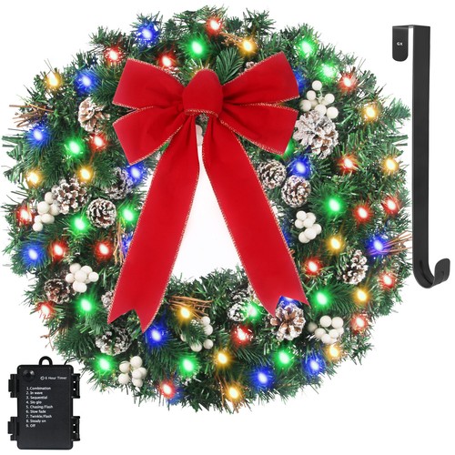 Waterproof Prelit Christmas Wreath Battery Operated with Timer & 50 Colorful LED - Picture 2 of 7