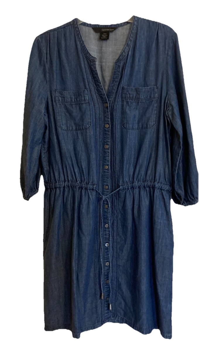 Vtg Calvin Klein Jeans Womens Blue Denim 3/4 Sleeve Tunic Mini Dress Petite  Med | eBay