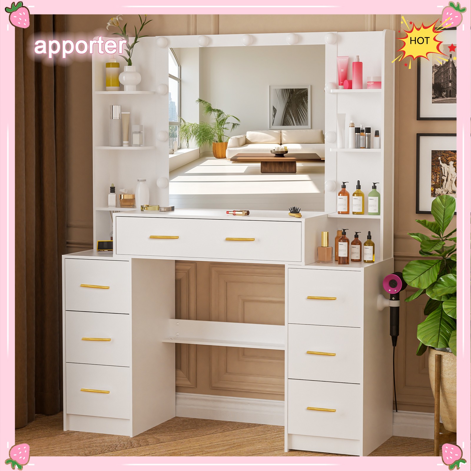 Vanity Desk with 11 LED Lighted Mirror Makeup Dressing Table 7 Drawers White USA