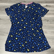 heartsoul Women s Blue Heart Print Cotton Medical Scrub Top XS Style 20936
