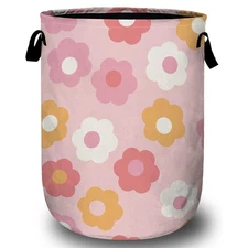 Retro Pink Flower Laundry Basket, Laundry Hamper Collapsible Oxford Cloth wit...