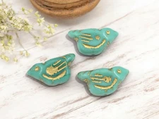 11x22mm Gold Washed Opaque Turquoise Bird Czech Glass Beads 6 Beads