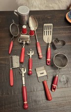 Mixed Lot 13 Vintage Red Wood Handle Kitchen Tools Utensils, Wooden, Farmhouse