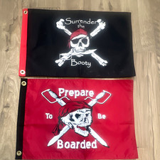 Set of 2 Pirate Skull Polyester Flags Black/Red/White 12x18 in Grommeted