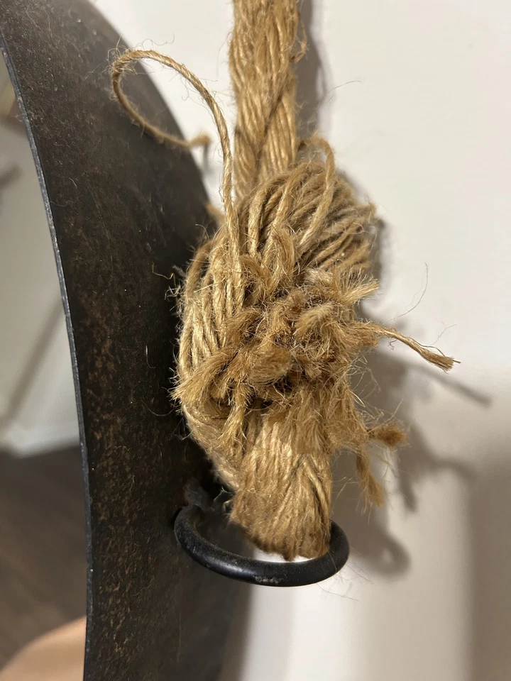 Round Rustic Distressed Iron Hanging Mirror With Rope Hanging Accent - Image 2 of 3