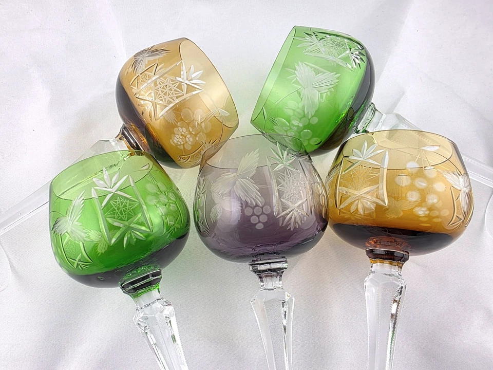 VINTAGE BOHEMIAN CUT-TO-CLEAR MULTICOLOR Crystal WINE GLASSES 8" - SET OF 5 - Image 3 of 4