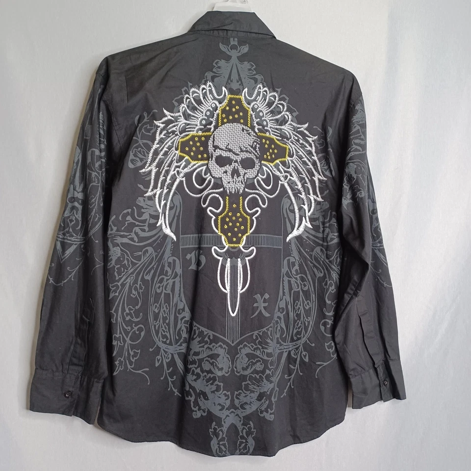 Brooklyn Xpress Shirt Mens Large Black Button Skull Cross Wings Biker Rocker - Image 4 of 4