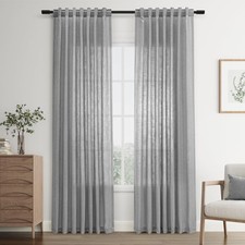Grey Back Tab Rod Pocket Linen Curtains 90 Inches Long 2 Panels for Living Ro...