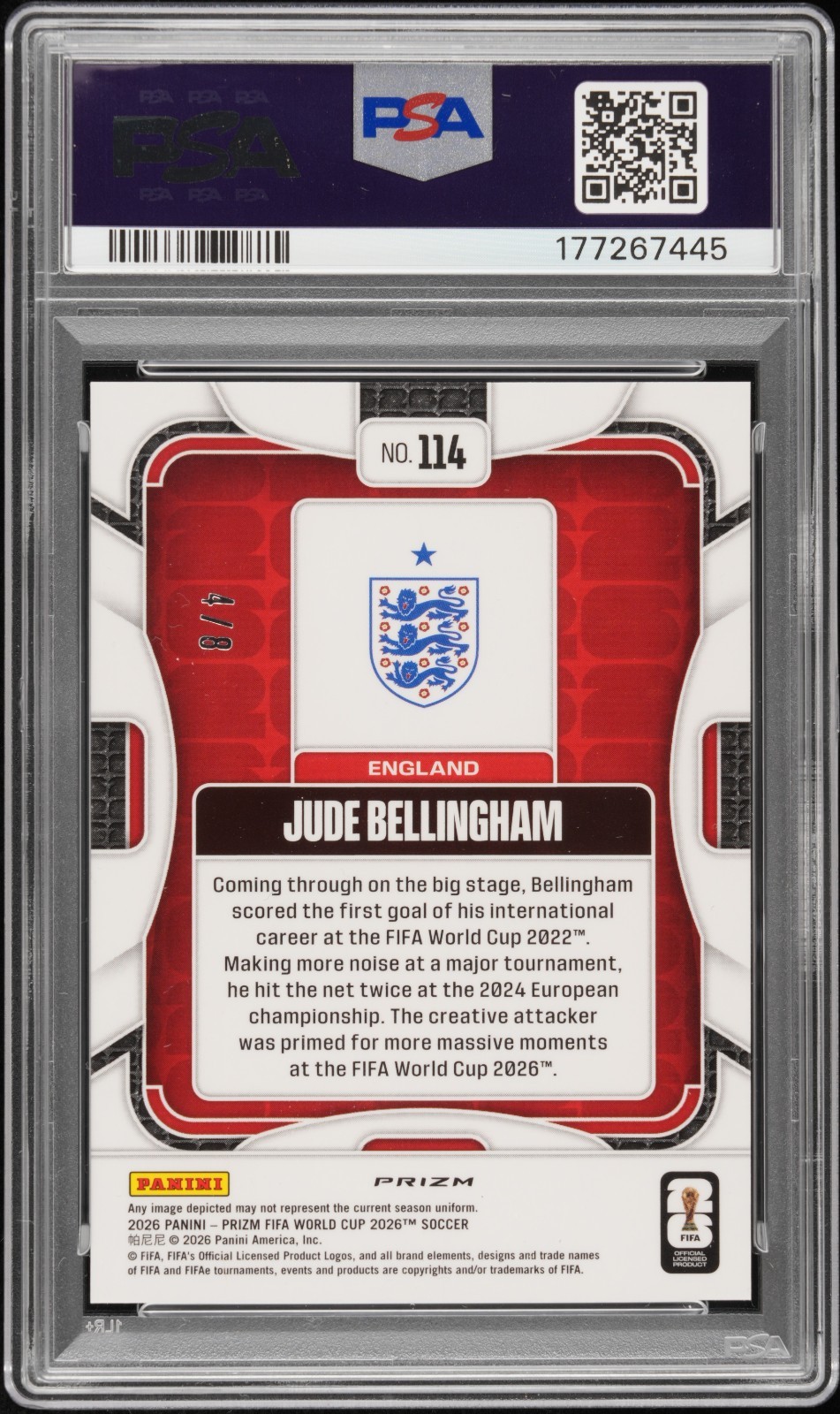 Panini Prizm World Cup Jude Bellingham #114 Black Gold Wave Prizm 4/8 PSA9 view 2
