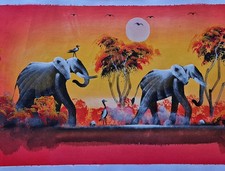 ORIGINALE TRIBALE AFRICANO ELEFANTE TRAMONTO ACRILICO DIPINTO TELA ARTISTA MISHECK
