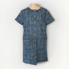 LOFT Womens Tweed Mini Pocket Dress 12 Blue Gold Buttons Fringe Old Money 60s