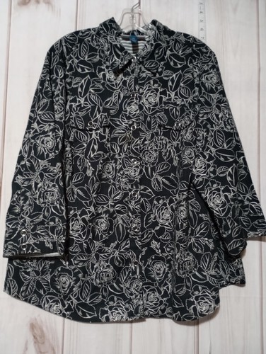Karen Scott Shirt Damen 2X schwarz weiß Blumen Knopfleiste Langarm Baumwolle Oberteil
