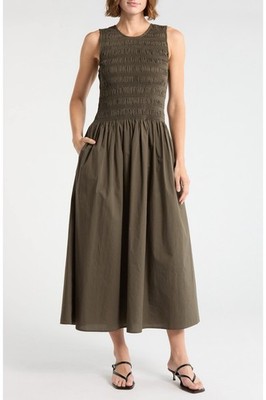 Rag & Bone Lane Sleeveless Smocked Cotton Maxi Dress Mid Olive Size Large L