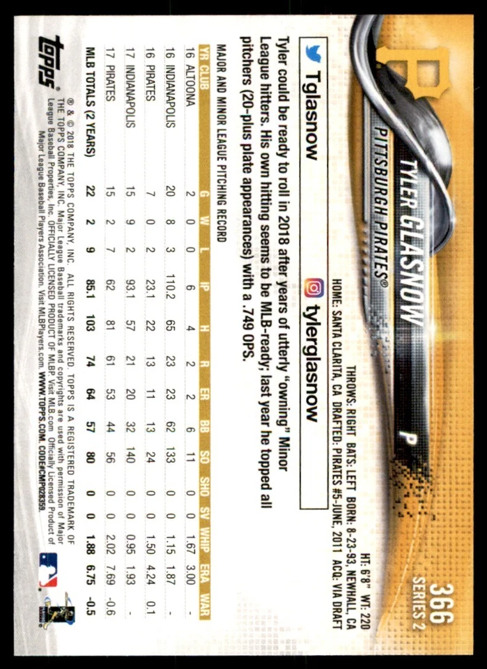 2018 TOPPS TYLER GLASNOW PITTSBURGH PIRATES #366 - Image 2 of 2