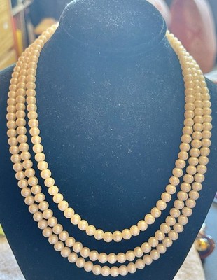 Vintage 5 mm Dreifach Strang AKOYA WEISSE PERLENKETTE 14K GOLD VERSCHLUSS 17'' Schmuck