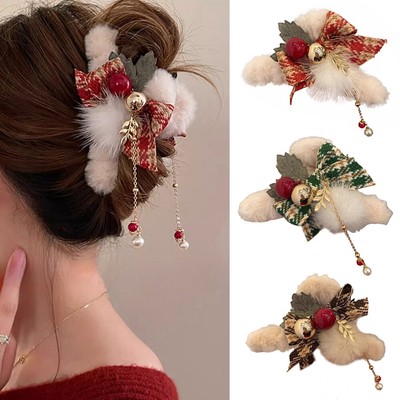 2 Paar Weihnachts-Haarschleifen Aus Samt Mit Quasten – Krokodilclip, Pelzige Kugeln, Rot & Schwarz