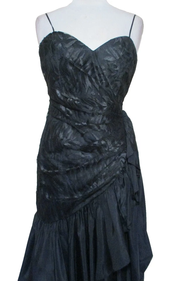 Vestido De Colección TD4 ELetra Para Mujer Negro Encaje Fruncido Corpiño Tafetán Falda XS/S Foto 2 de 4