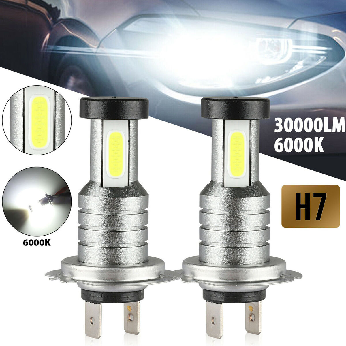  Ampoules de phares à LED S2 H7 18W 1800lm 6500K 2 COB LED  étanche IP67 phare de voiture Lampes, DC 9-32V (lumière blanche) (2 PCS)  (Color : White Light)