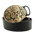 Leather belt with solid brass belt buckle Santa Muerte, Skull El Día de Muertos