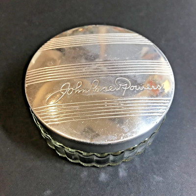 Vtg Midcentury John Robert Powers Ribbed Glass Face Powder Jar & Chrome Lid