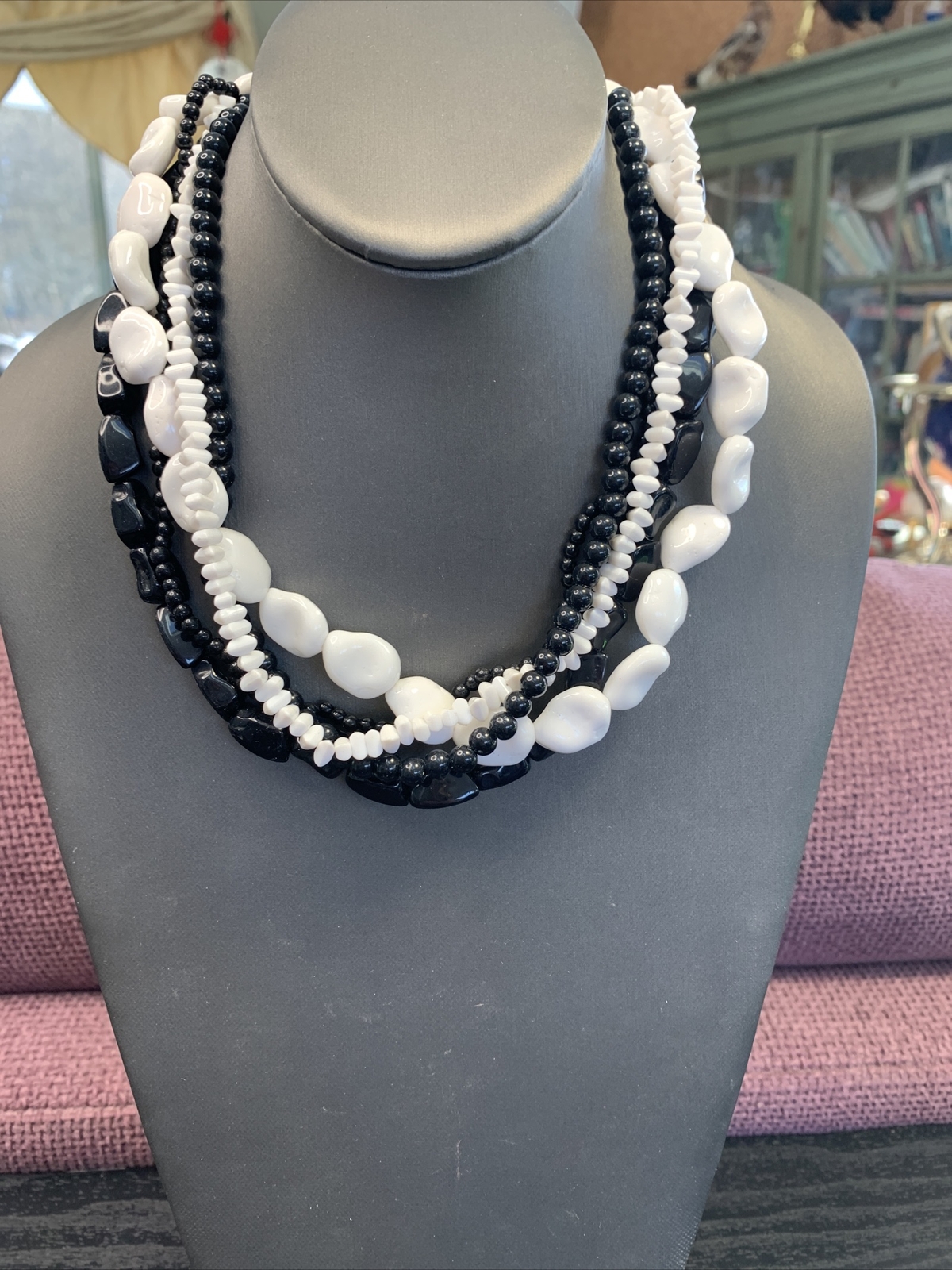 Vintage Lucite Black white  Multi Strand Bib Stat… - image 4