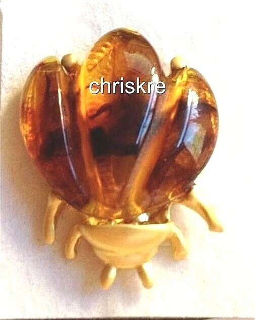 Broche prendedor vintage dorado miel ámbar escarabajo insecto marrón insecto enchapado simulado Foto 3 de 4