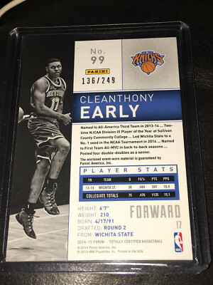 CLEANTHONY EARLY 2014-15 Panini Certified RC game used jersey #136