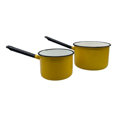 Vtg Lot Of 2 Enamelware Sauce Pans Yellow Black Enamel Kitchen 1 Qt & 2.5 Qt