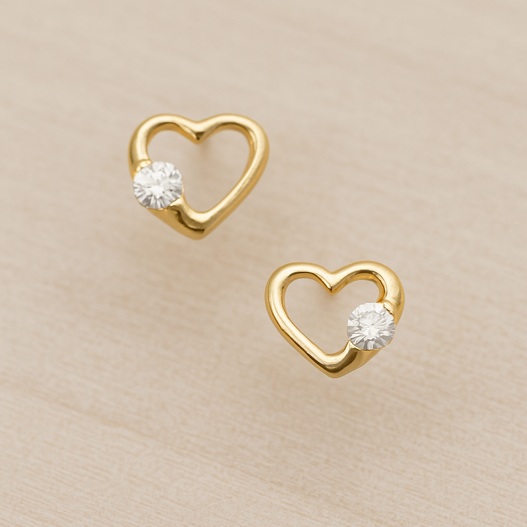 14K Yellow Gold CZ Open Heart Push Back Stud Earrings Love Dainty Studs Girls
