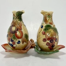 Fitz & Floyd Tuscan Villa Vinegar & Oil Cruet Set Double Leaf Holder No Stoppers