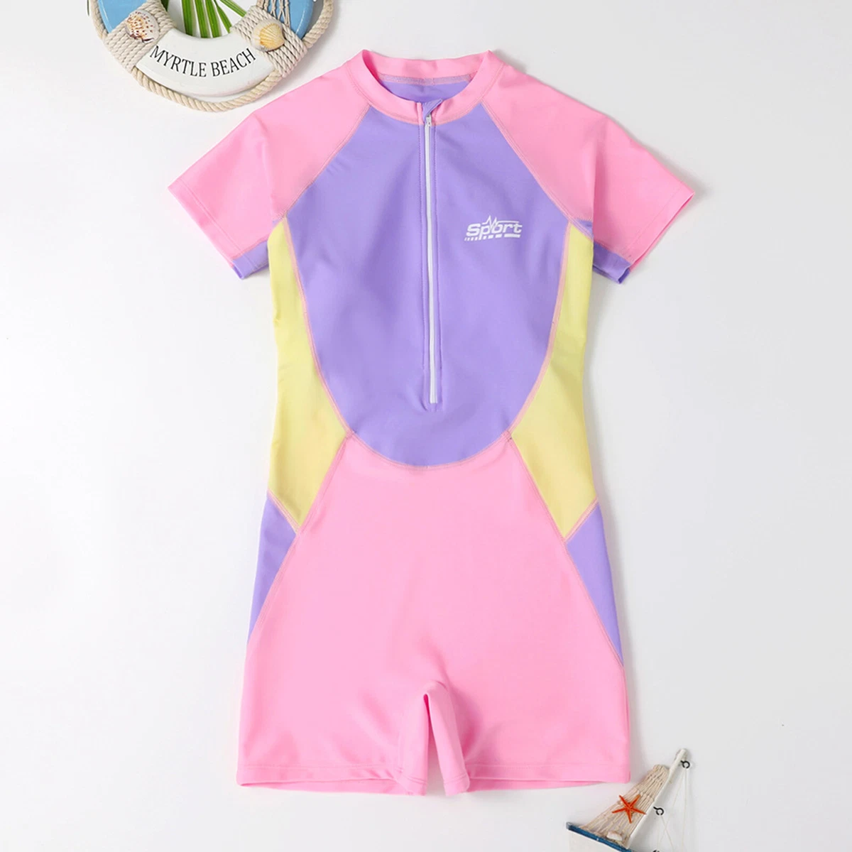 Kids Girls Short Sleeves One-Piece Swimsuit Bodysuit Contrast Swimwear Beachwear | eBay