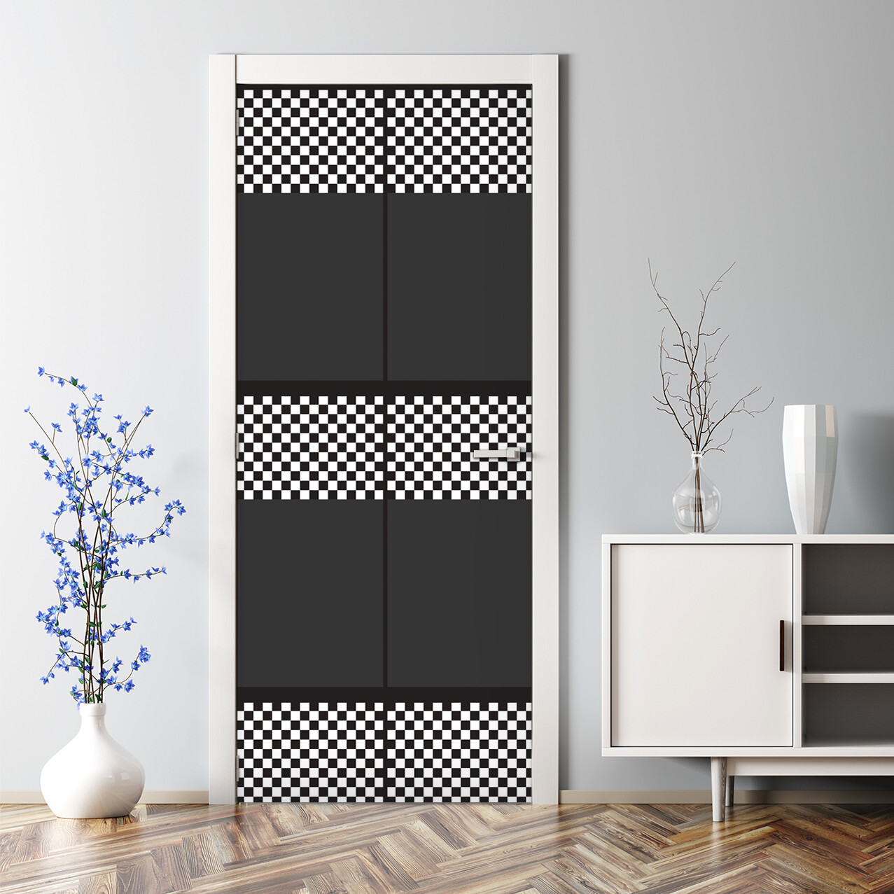 Dark Temporary Black and white Pattern Squares Adhesive Modern Door Decal