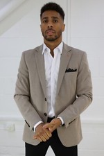 Mens Beige Check Blazer Smart Formal High Quality Jacket Wedding Office Party