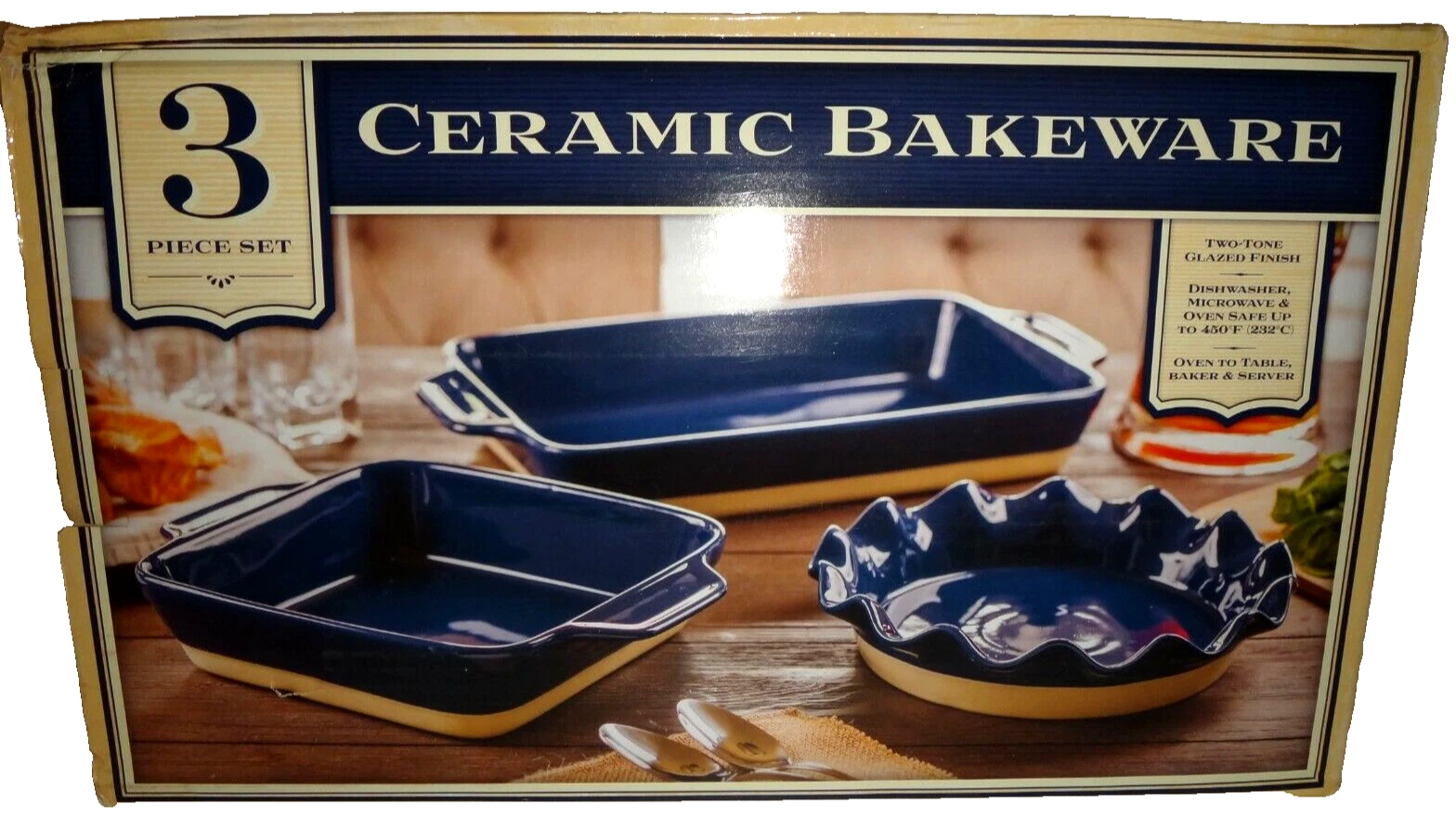 3-PC SET Glazed Ceramic Bakeware Scalloped Pie Plate +Square &Rectangular Bakers