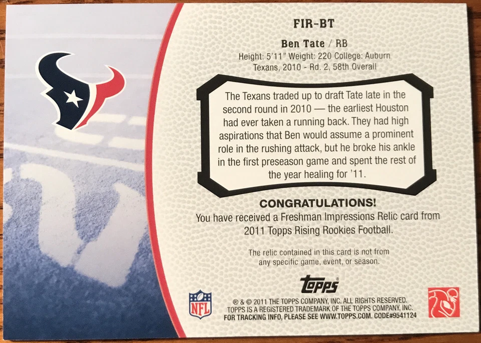 2011 Topps Rising Rookies Freshman Impressions Jerseys Ben Tate FIR-BT - Image 2 of 2