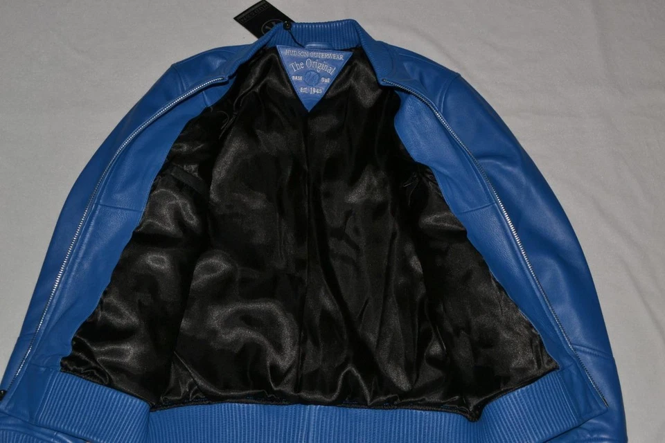 Chaqueta Bomber De Cuero Real Hudson Azul Para Hombre Nueva - Imagen 3 de 4
