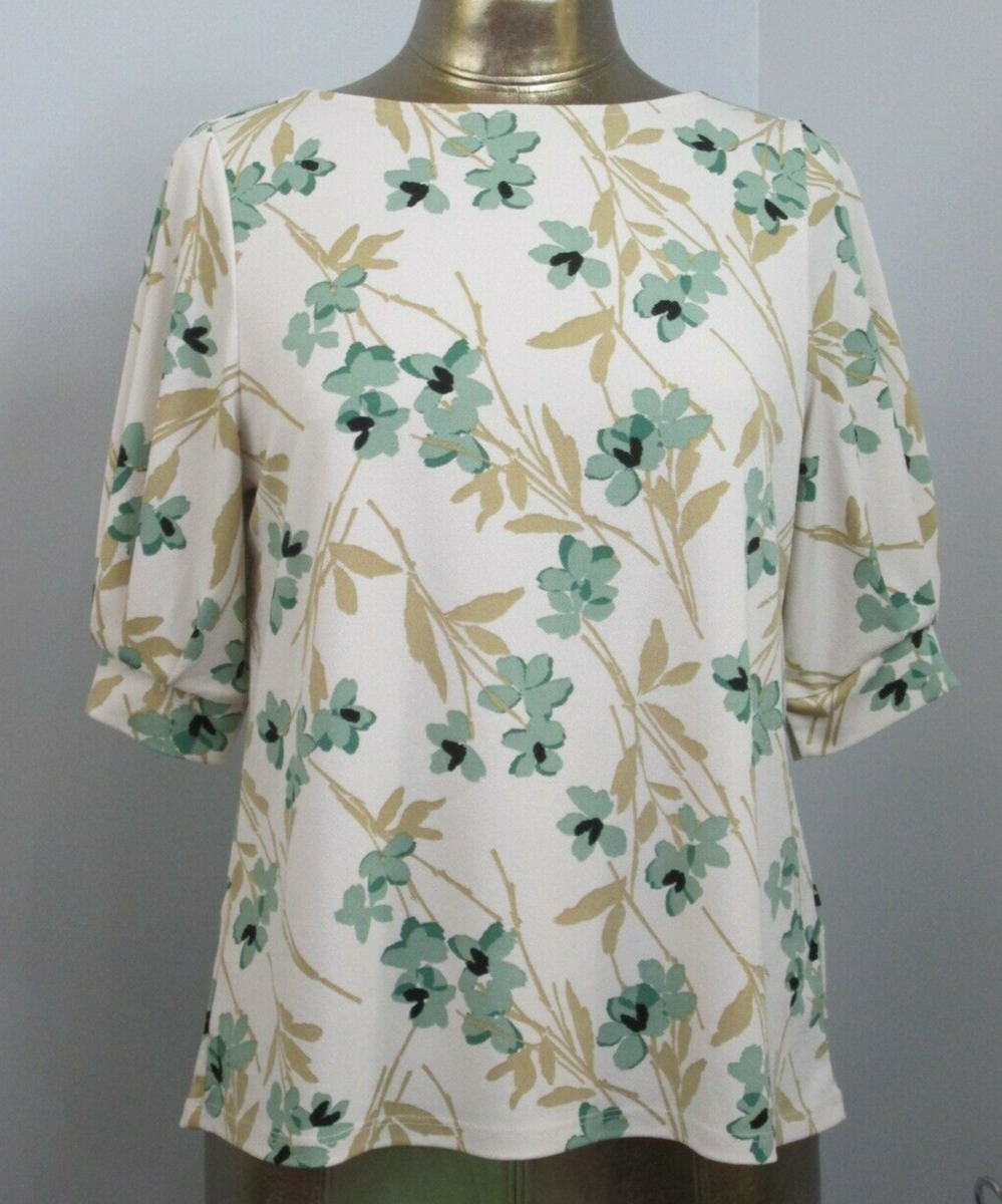H&M Tan Floral Top Womens Size M Chest 38 Pleated Sleeve 1/2
