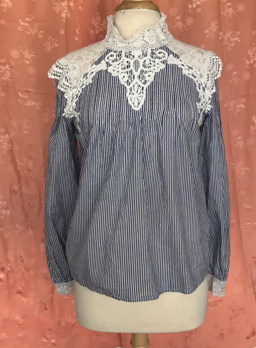 Ekstrem Hysterisk morsom oase Vero Moda Blue White Stripe Victorian Lace Blouse High Neck Small | eBay