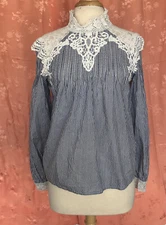 Vero Moda Blue White Stripe Victorian Lace Blouse High Neck Small