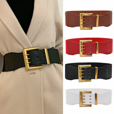 Women Wide Belt For Dress Jeans Buckle Elastic Stretch Faux Leather Skinny Waist