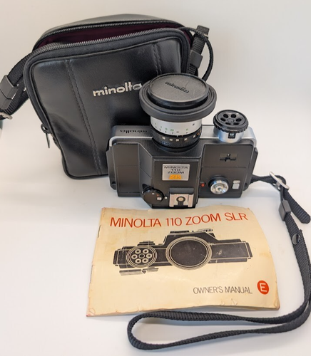 Minolta 110 Auto Zoom SLR Camera Rokkor Macro Lens with Case + Manual Untested
